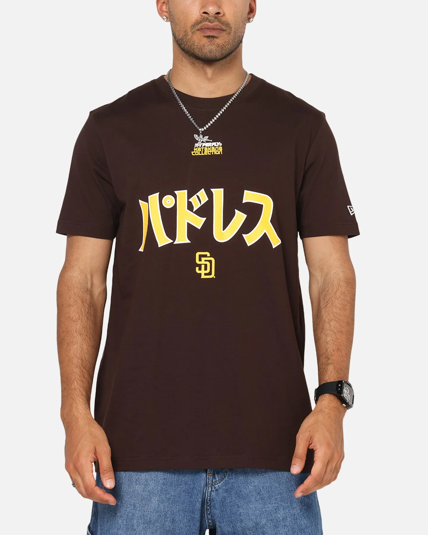 New Era San Diego Padres 'Hyperfly Katakana x MLB' T-Shirt Dark Brown sold by Culture Kings