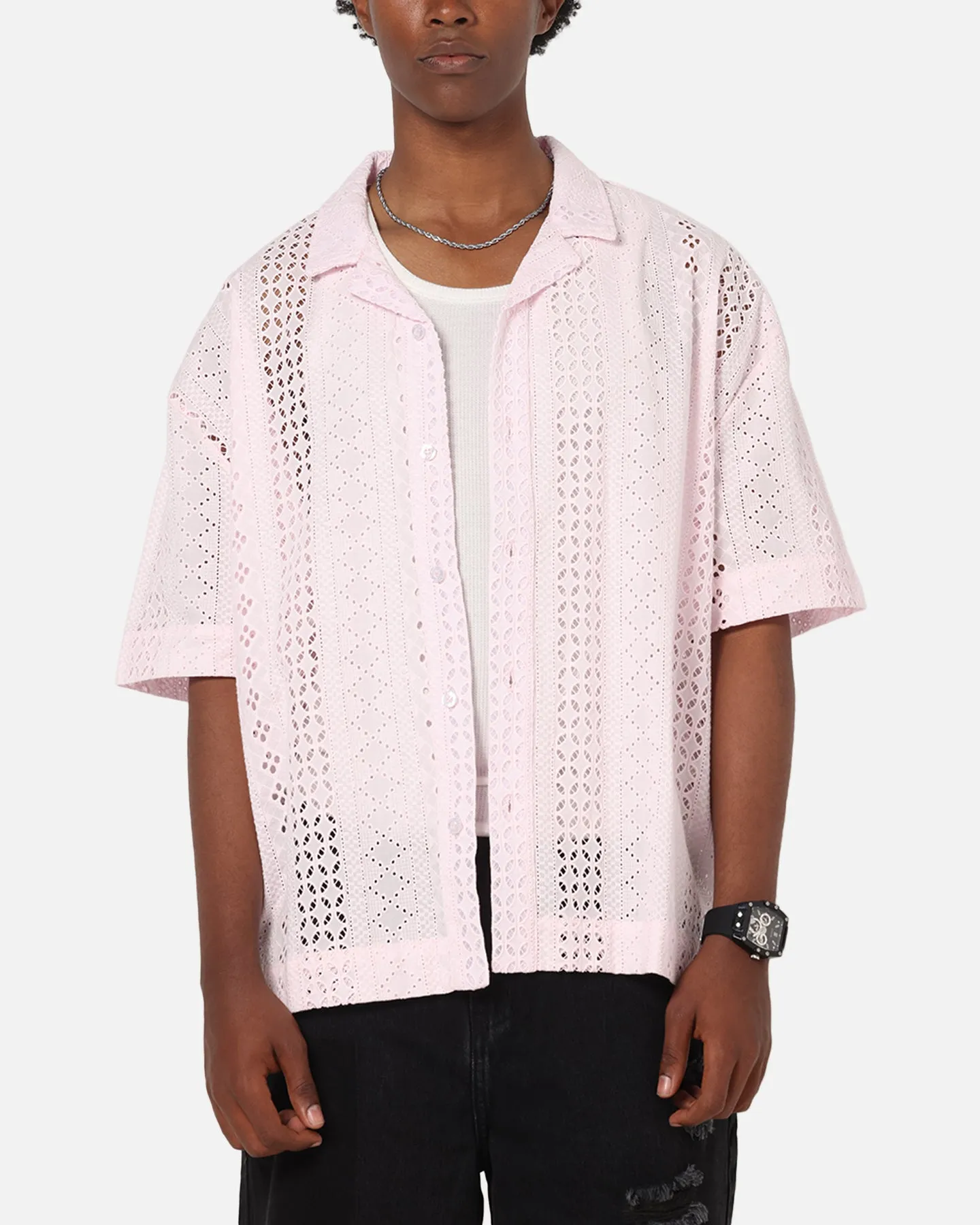 Saint Morta Crochet Button Up Shirt Pink sold by Culture Kings