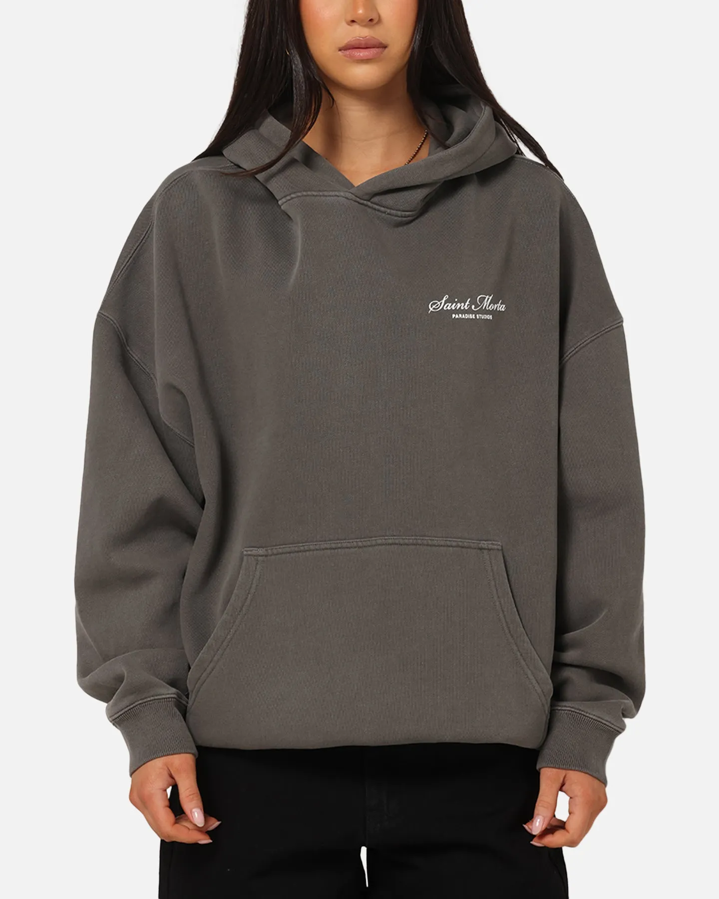 Saint Morta Studios Logo Boxy Hoodie Washed Black sold by Culture Kings