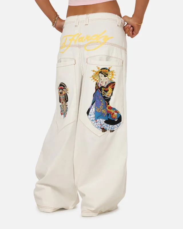Ed Hardy Ultra Wide Leg Denim Jeans Off White/Yellow made by Ed Hardy