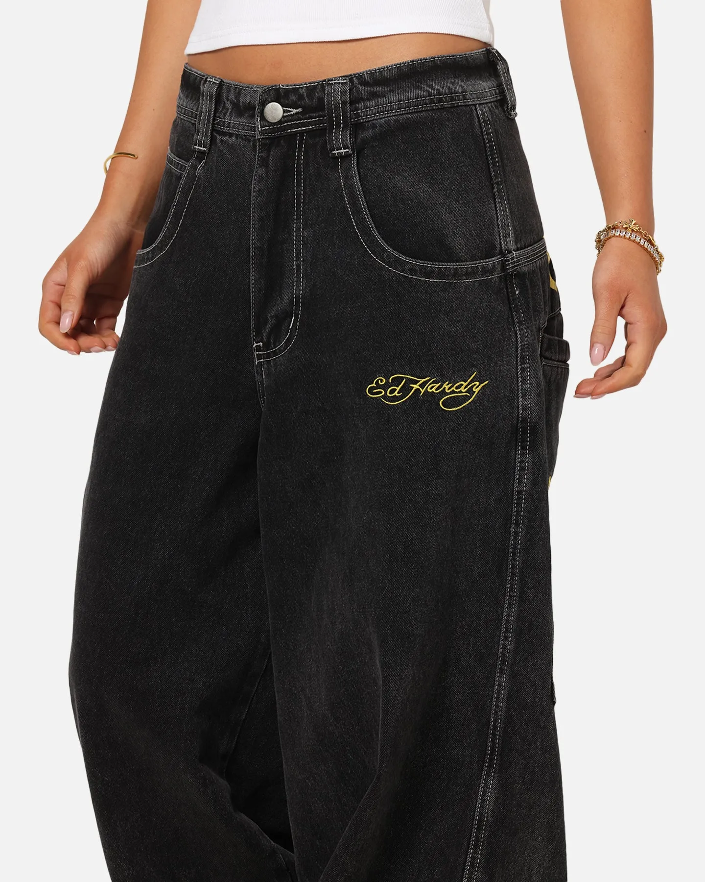 Ed Hardy Ultra Wide Leg Denim Jeans Black/Yellow sold by Culture Kings product image thumbnail 4