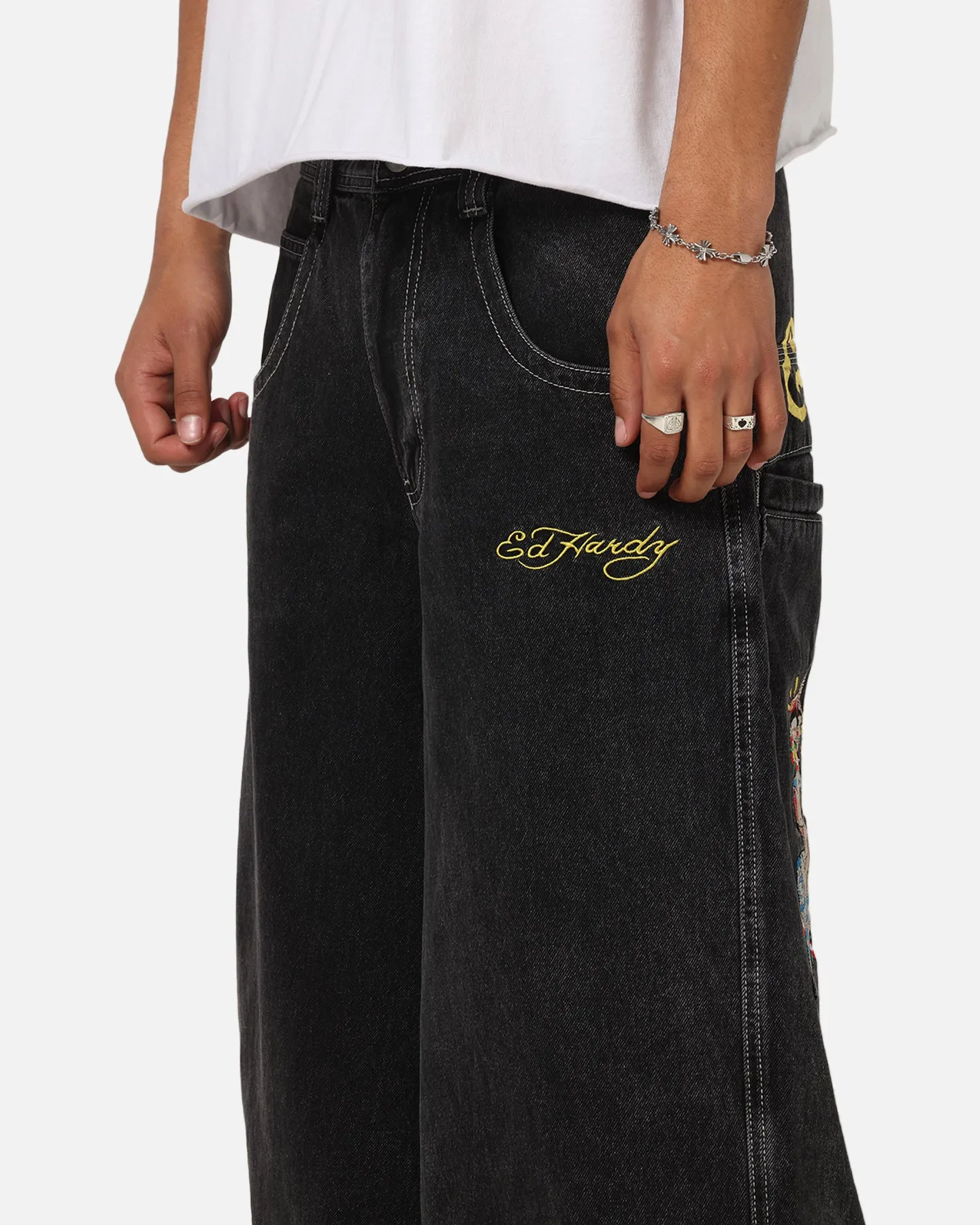 Ed Hardy Ultra Wide Leg Denim Jeans Black/Yellow sold by Culture Kings product image thumbnail 4