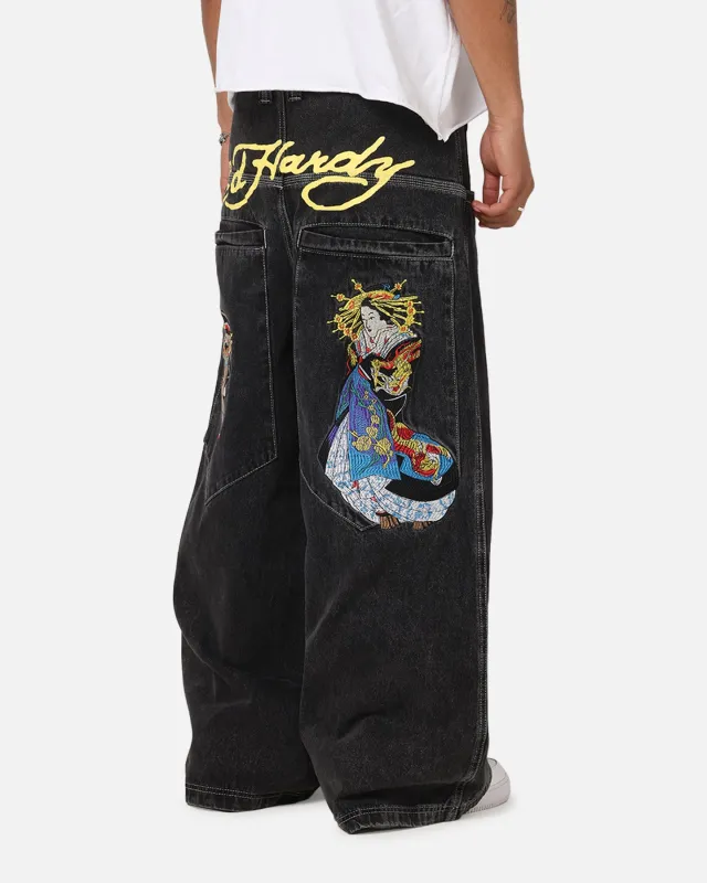 Ed Hardy Ultra Wide Leg Denim Jeans Black/Yellow made by Ed Hardy