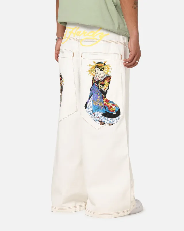 Ed Hardy Ultra Wide Leg Denim Jeans Off White/Yellow made by Ed Hardy