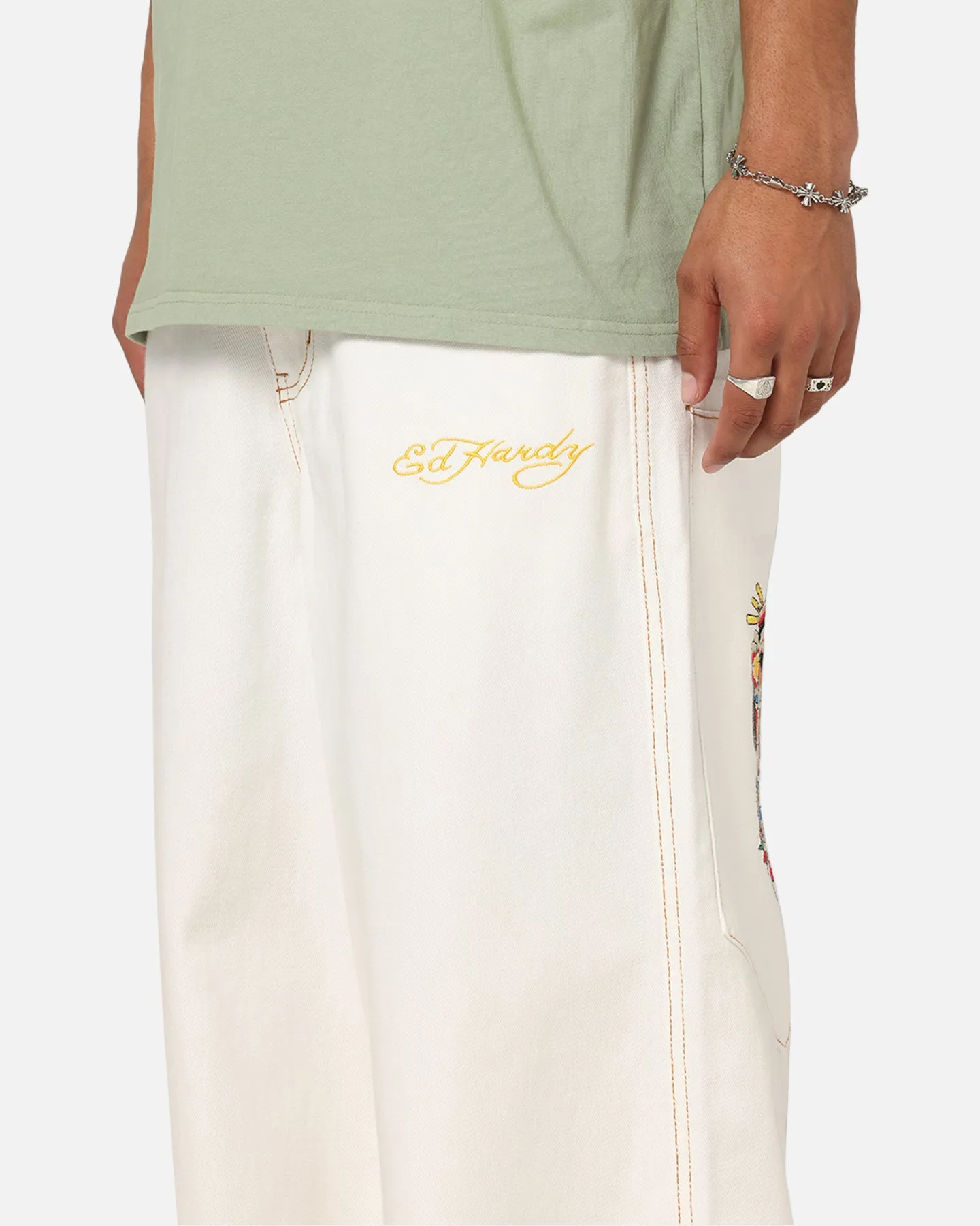 Ed Hardy Ultra Wide Leg Denim Jeans Off White/Yellow sold by Culture Kings product image thumbnail 4
