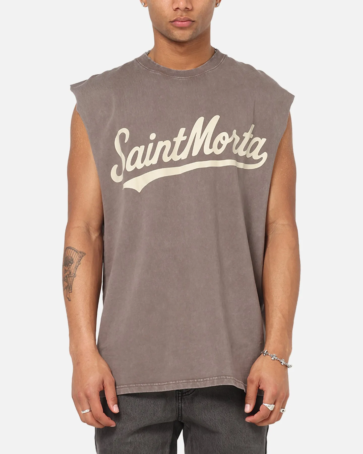 Saint Morta Script Oversized Muscle T-Shirt Washed Brown sold by Culture Kings