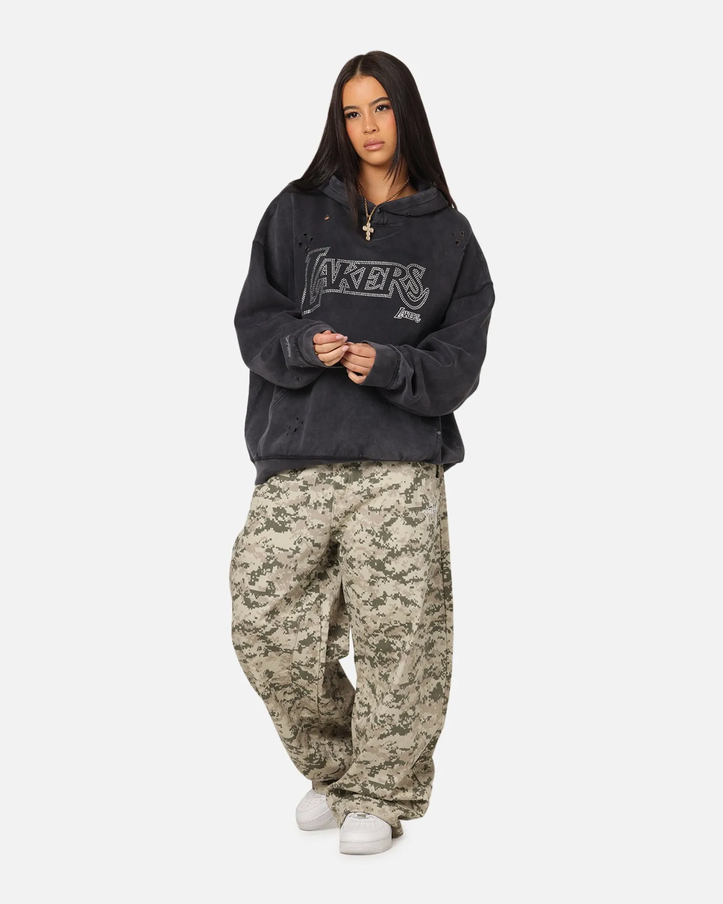 Mitchell & Ness Los Angeles Lakers Distressed Rhinestone Logo Hoodie Faded Black sold by Culture Kings product image thumbnail 2