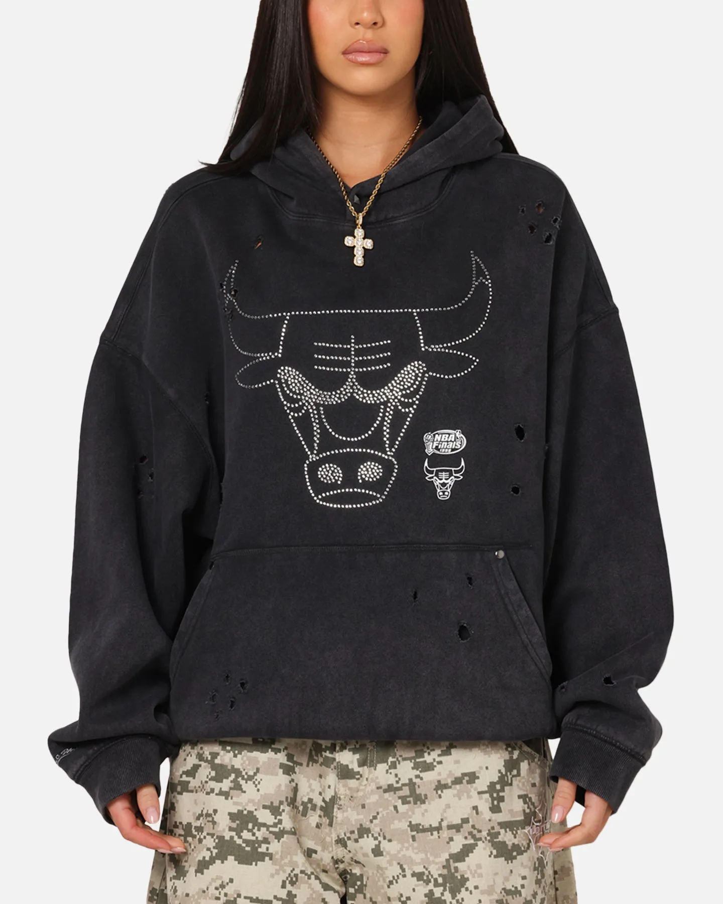 Mitchell & Ness Chicago Bulls Distressed Rhinestone Logo Hoodie Faded Black sold by Culture Kings