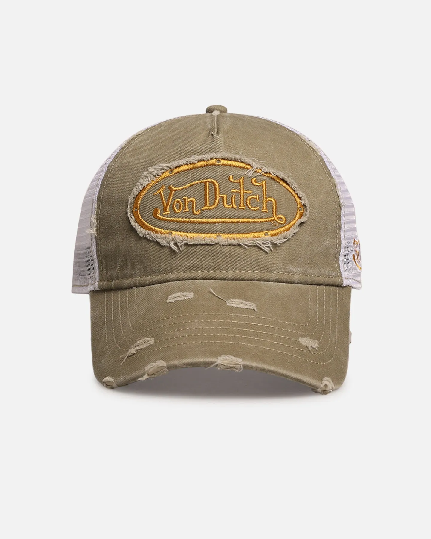 Von Dutch Destroyed Twill Trucker Snapback Washed Khaki sold by Culture Kings