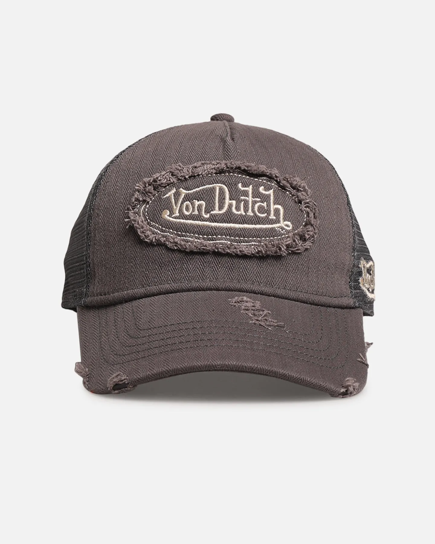 Von Dutch Distressed Patch Trucker Snapback Grey sold by Culture Kings