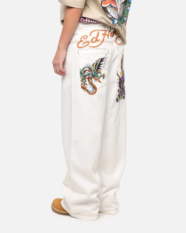 Ed Hardy Dragon Wide Leg Denim Jeans Off White made by Ed Hardy