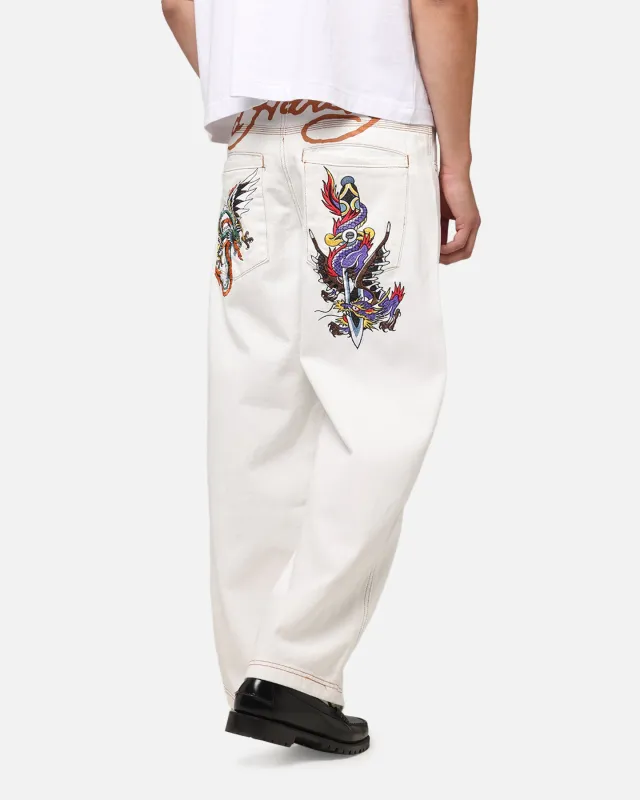 Ed Hardy Dragon Wide Leg Denim Jeans Off White made by Ed Hardy