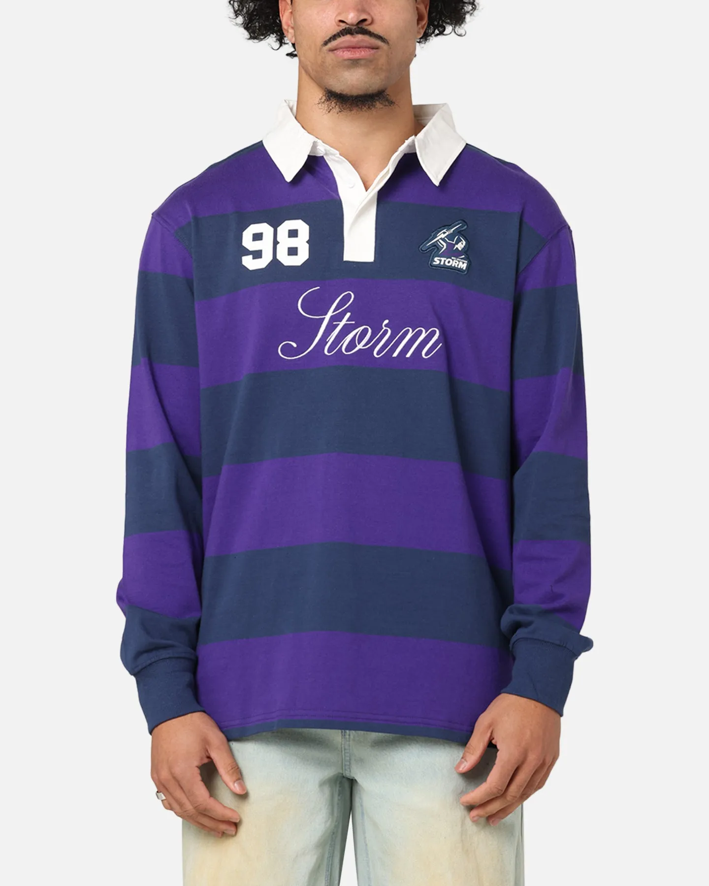 Bleacher Athletic Melbourne Storm NRL Stripe Rugby Polo Shirt Official Team Colour sold by Culture Kings