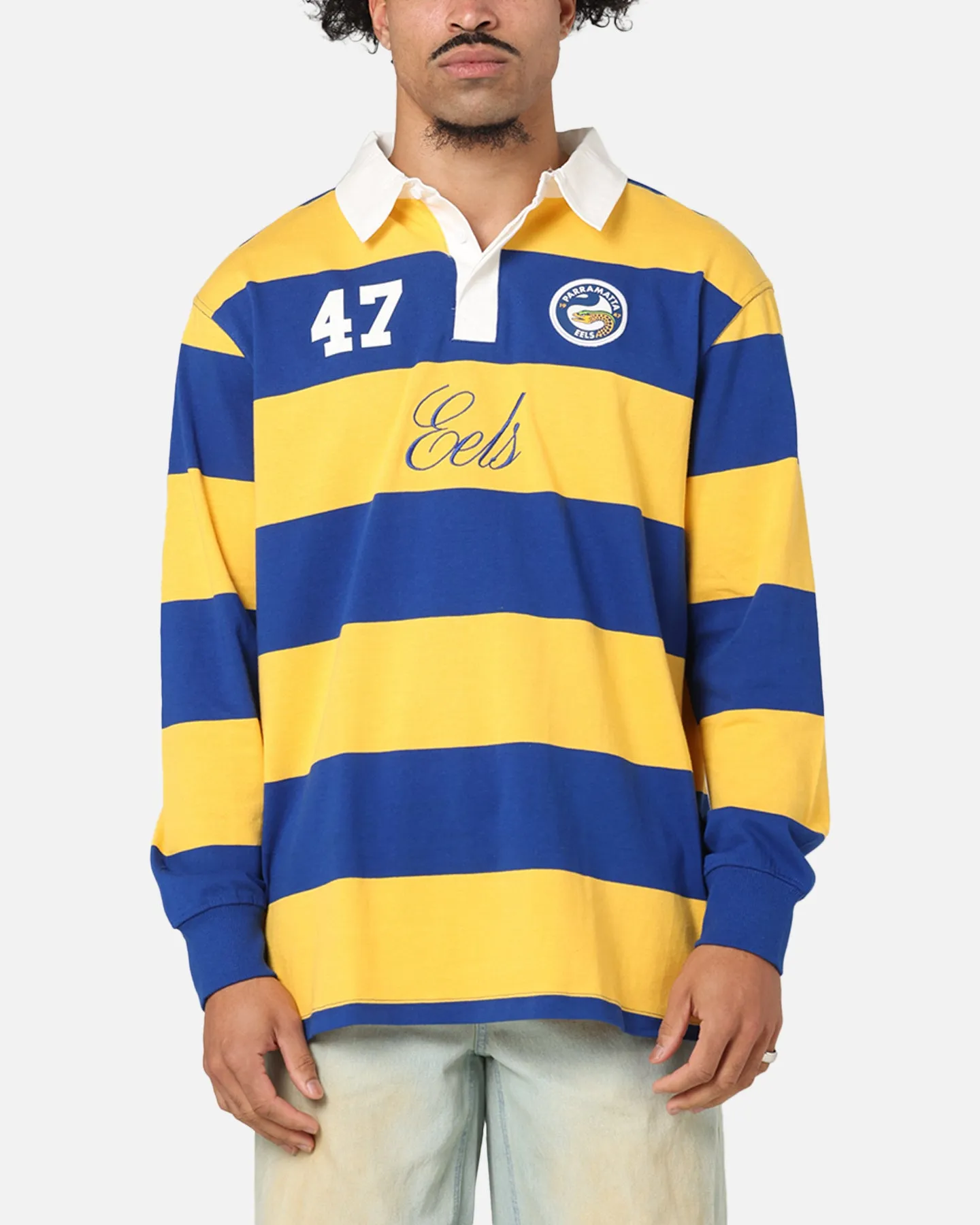 Bleacher Athletic Parramatta Eels NRL Stripe Rugby Polo Shirt Official Team Colour sold by Culture Kings
