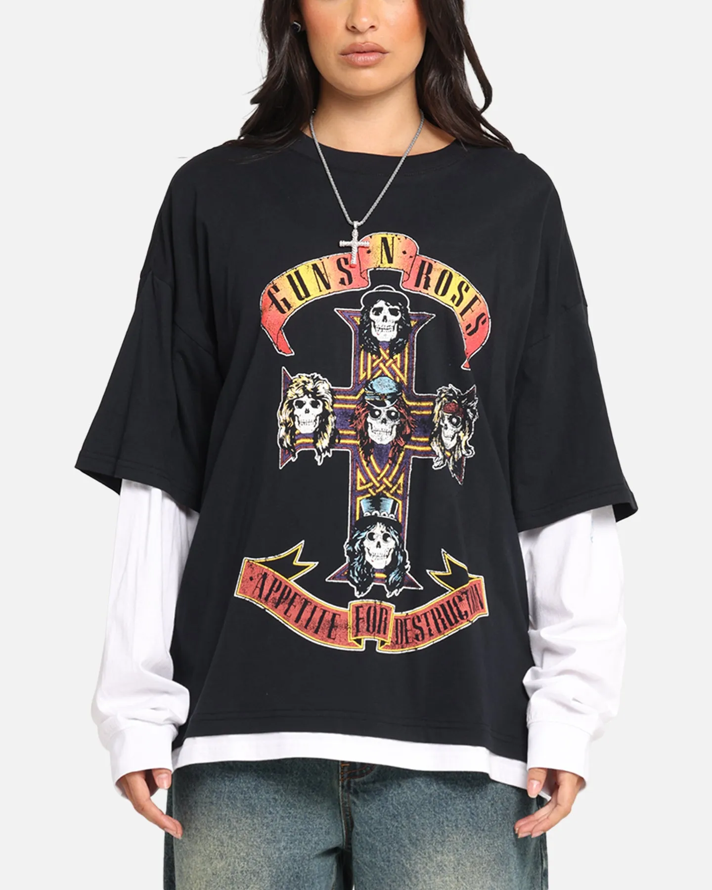 G N Roses Roses Layered Long Sleeve T-Shirt Black Wash sold by Culture Kings