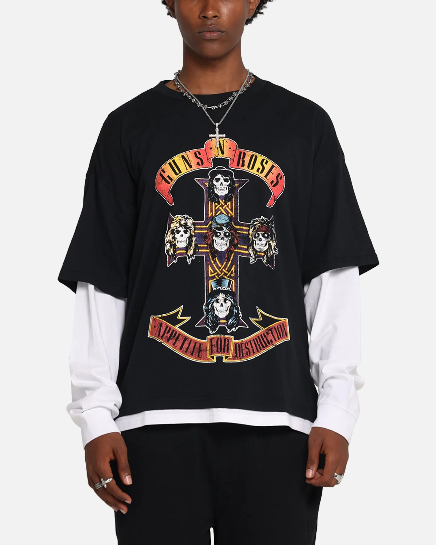 G N Roses Roses Layered Long Sleeve T-Shirt Black Wash sold by Culture Kings