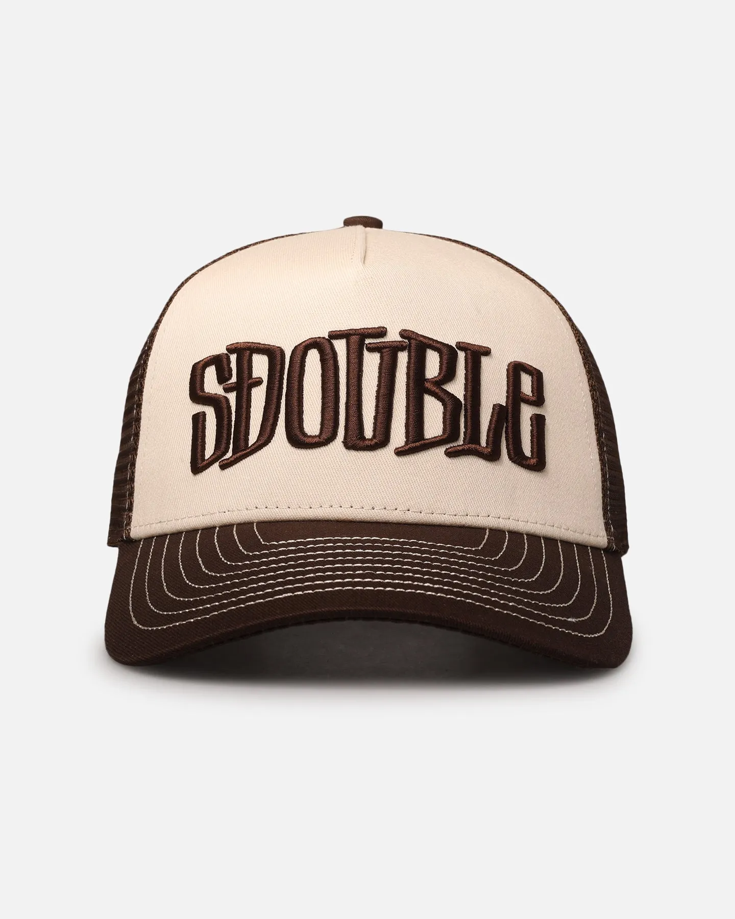 S Double Mid-Block Curved Peak Trucker Strapback Natural sold by Culture Kings