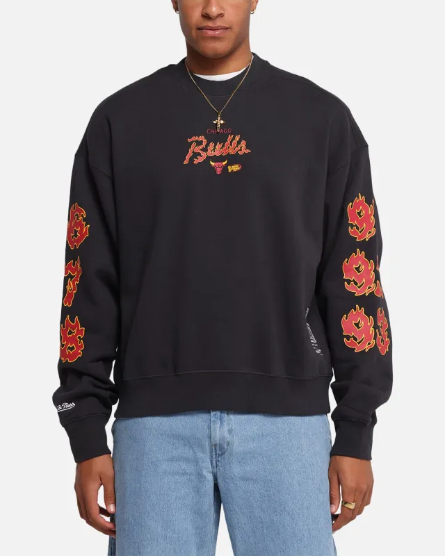 Mitchell & Ness Chicago Bulls Up In Flames Crewneck Faded Black sold by Culture Kings