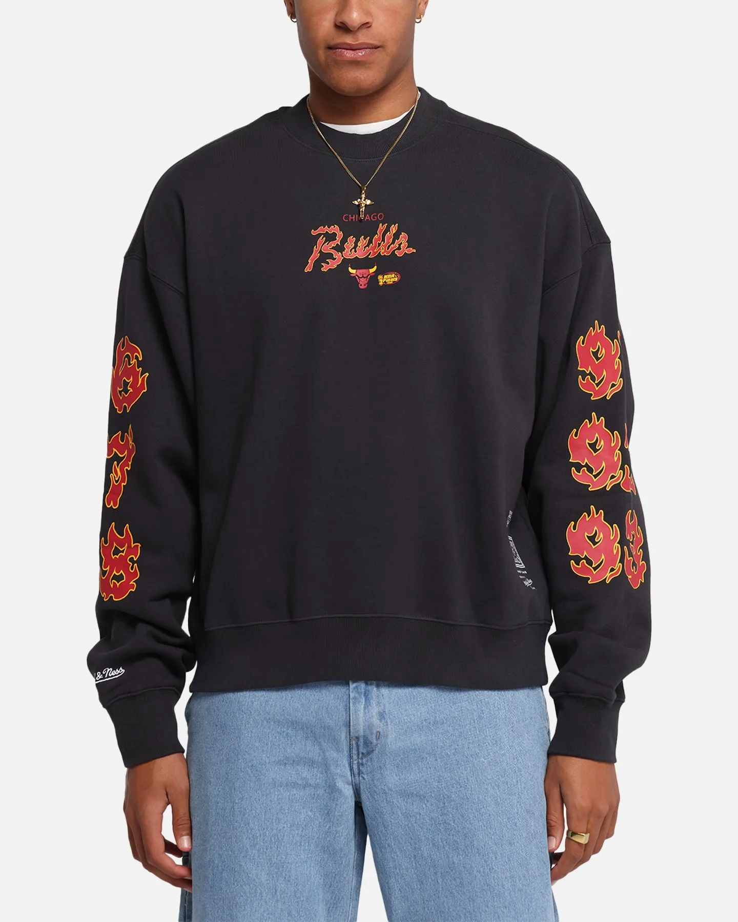 Mitchell & Ness Chicago Bulls Up In Flames Crewneck Faded Black sold by Culture Kings