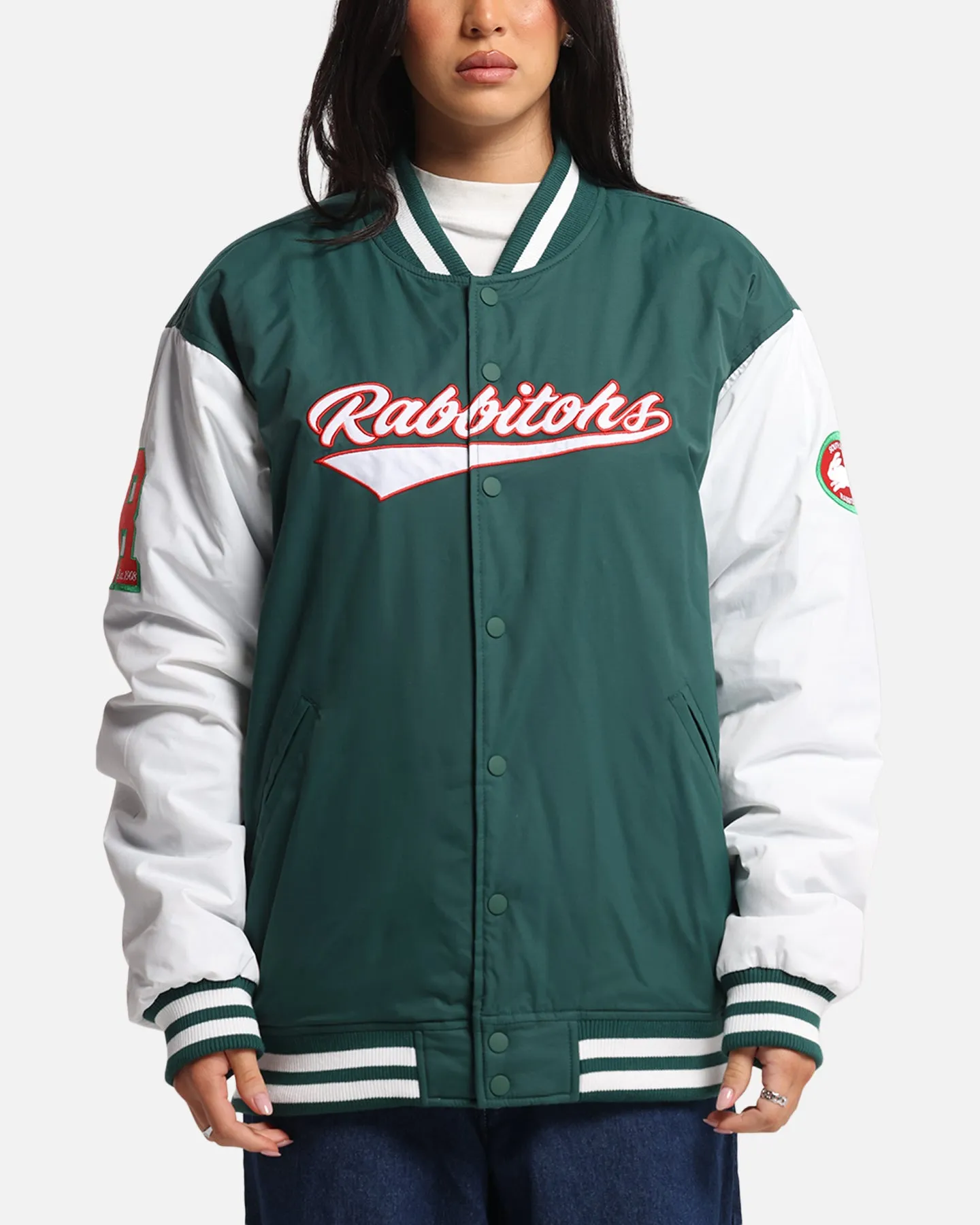Bleacher Athletic South Sydney Rabbitohs NRL 1908 Baseball Varsity Jacket Official Team Colour sold by Culture Kings