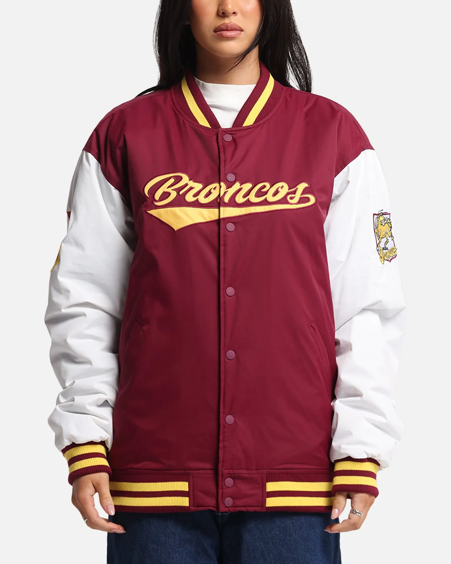 Bleacher Athletic Brisbane Broncos NRL 1908 Baseball Varsity Jacket Official Team Colour sold by Culture Kings