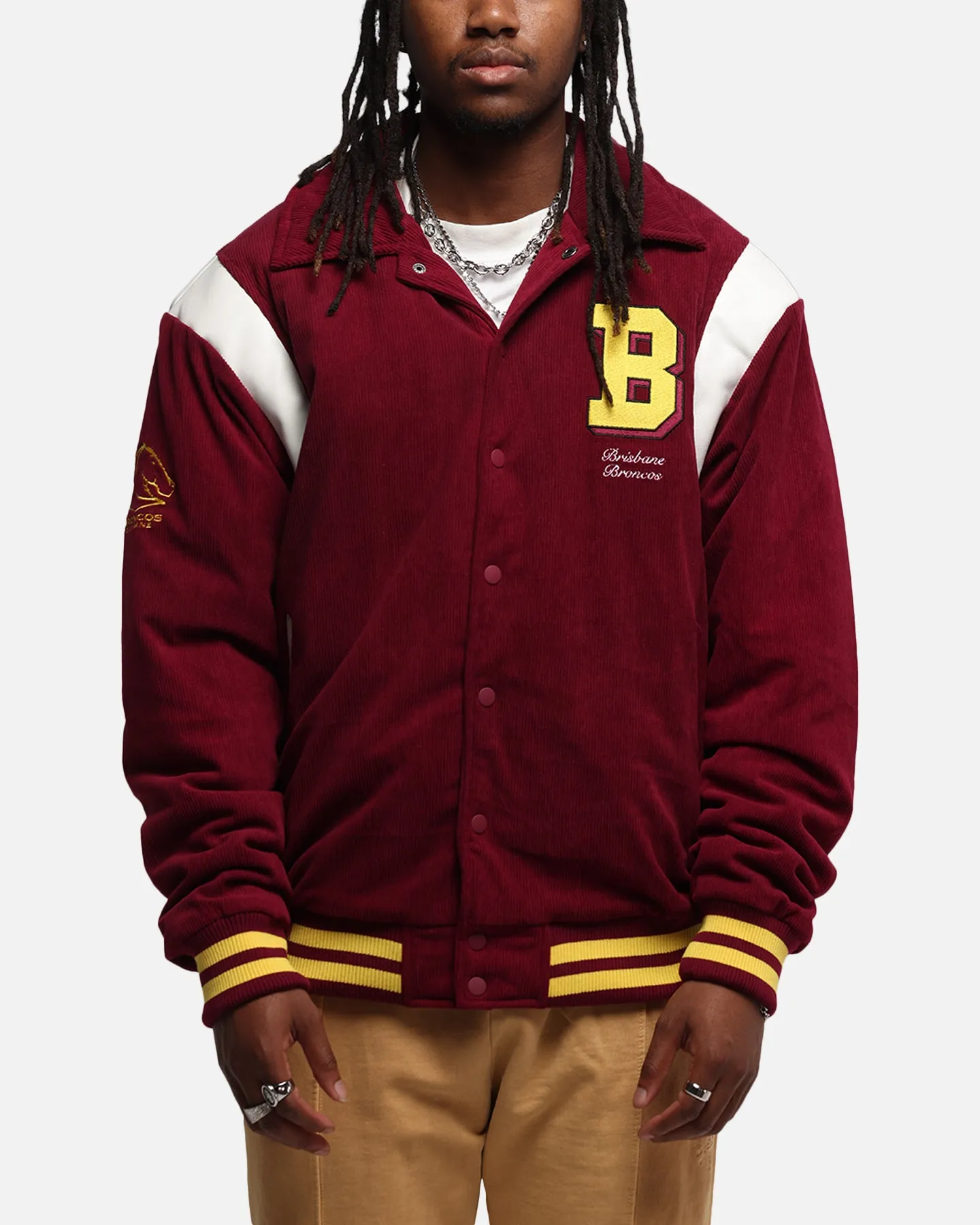 Bleacher Athletic Brisbane Broncos NRL 1908 Corduroy Varsity Jacket Official Team Colour sold by Culture Kings