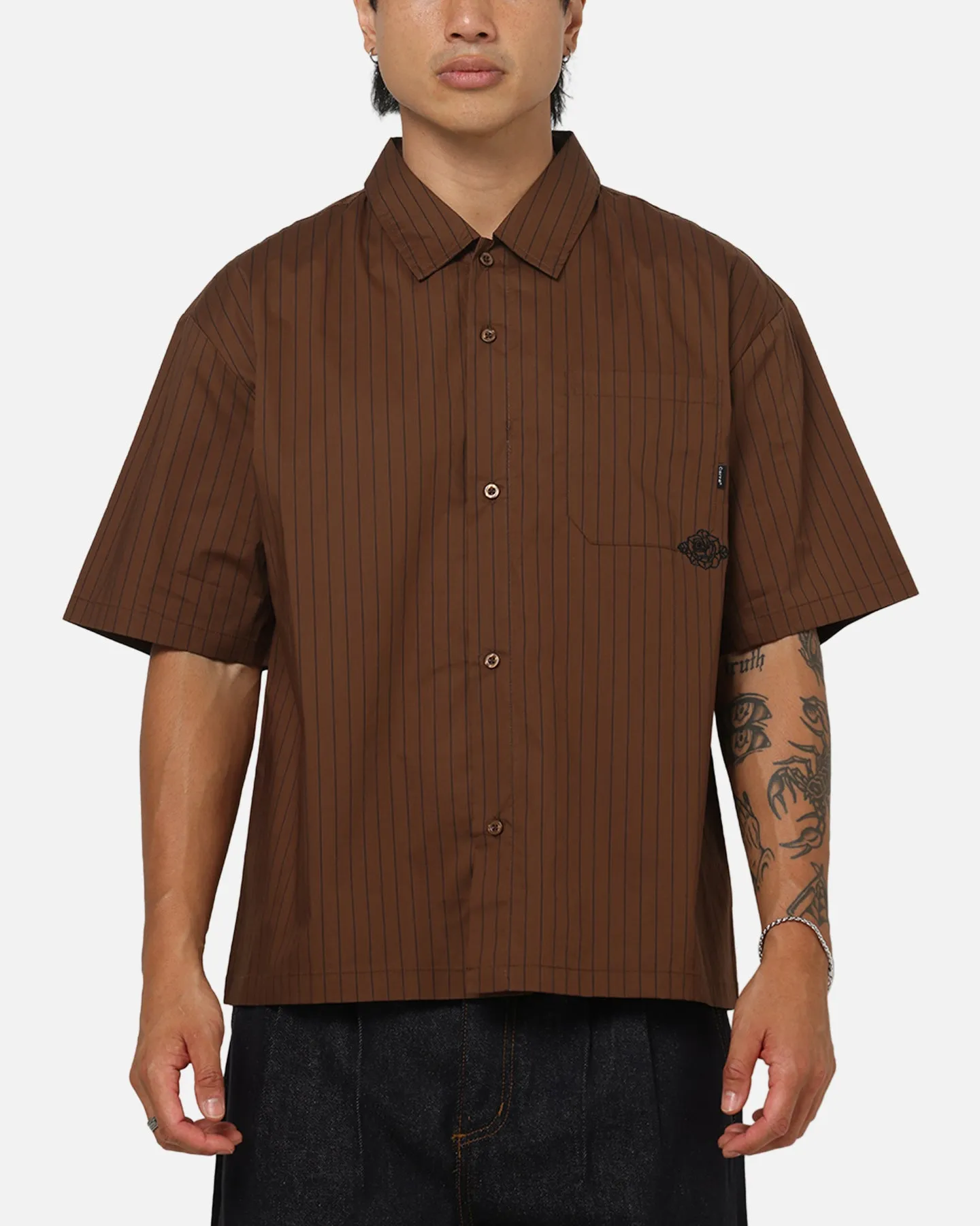 Carre Signature Rose Button Up Shirt Brown Pinstripe sold by Culture Kings
