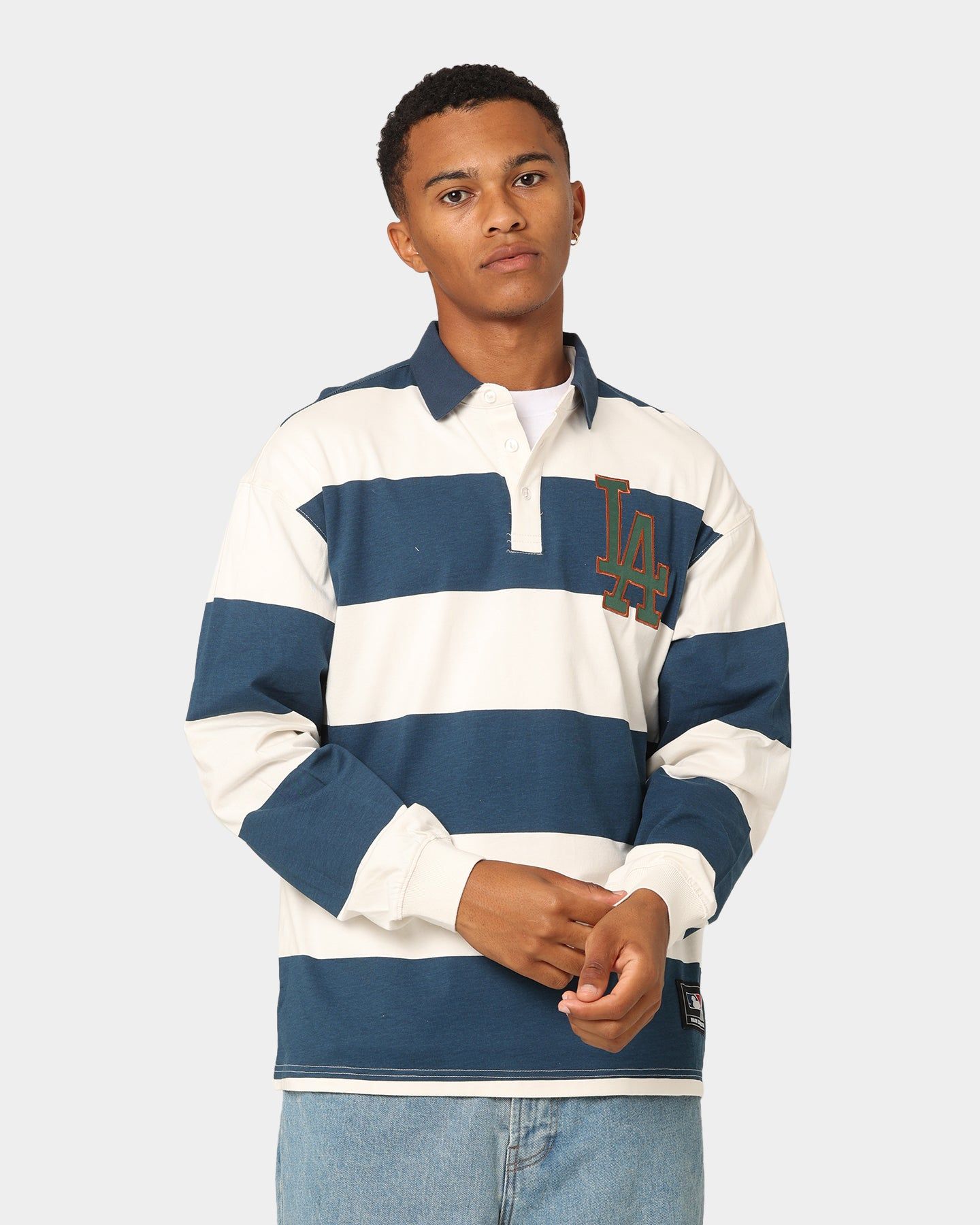 Majestic Athletic Los Angeles Dodgers Vintage Athletic Stripe Rugby Jersey Vintage White/French Blue sold by Culture Kings