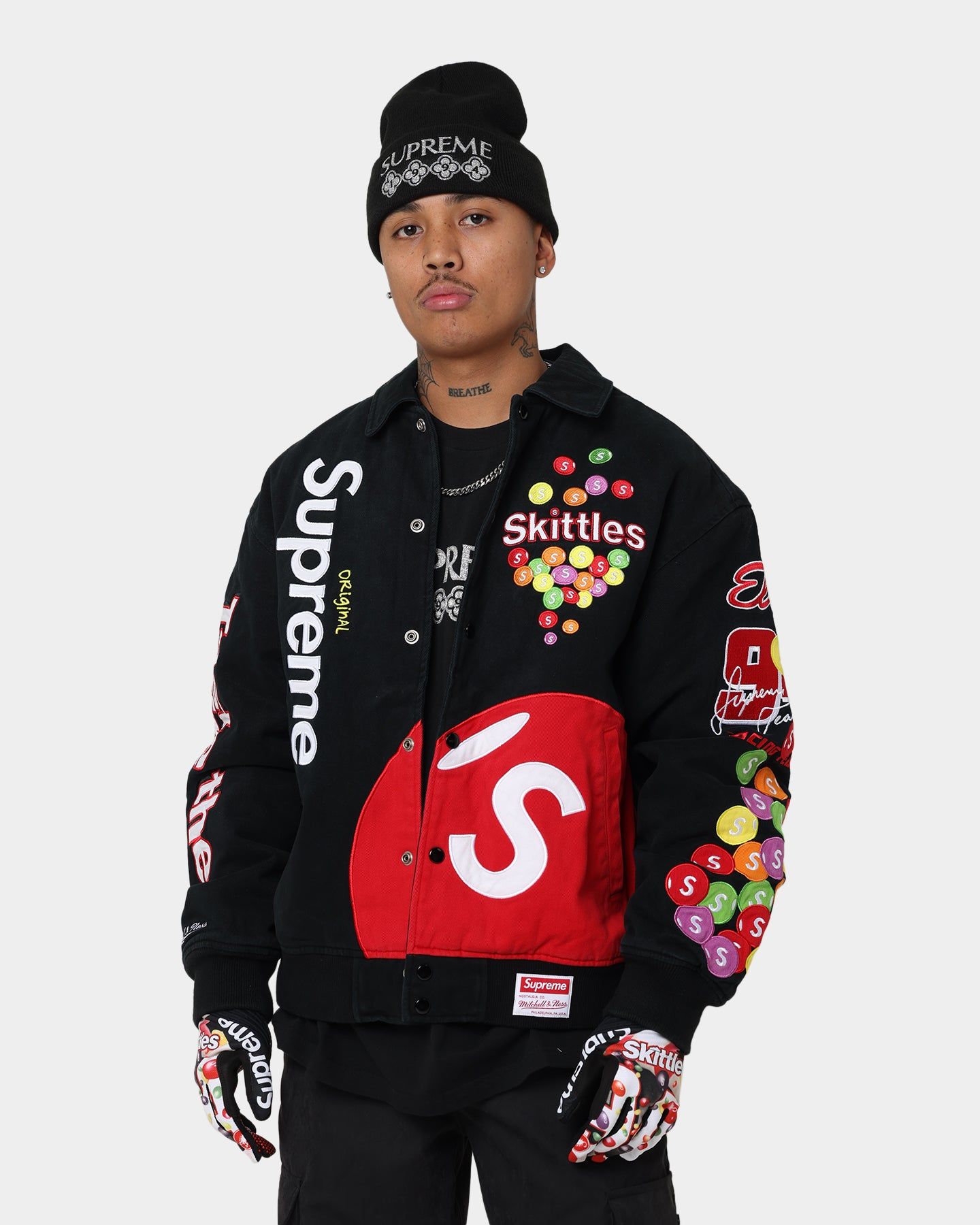 Supreme X Mitchell & Ness X Skittles Varsity Jacket Black sold by Culture Kings
