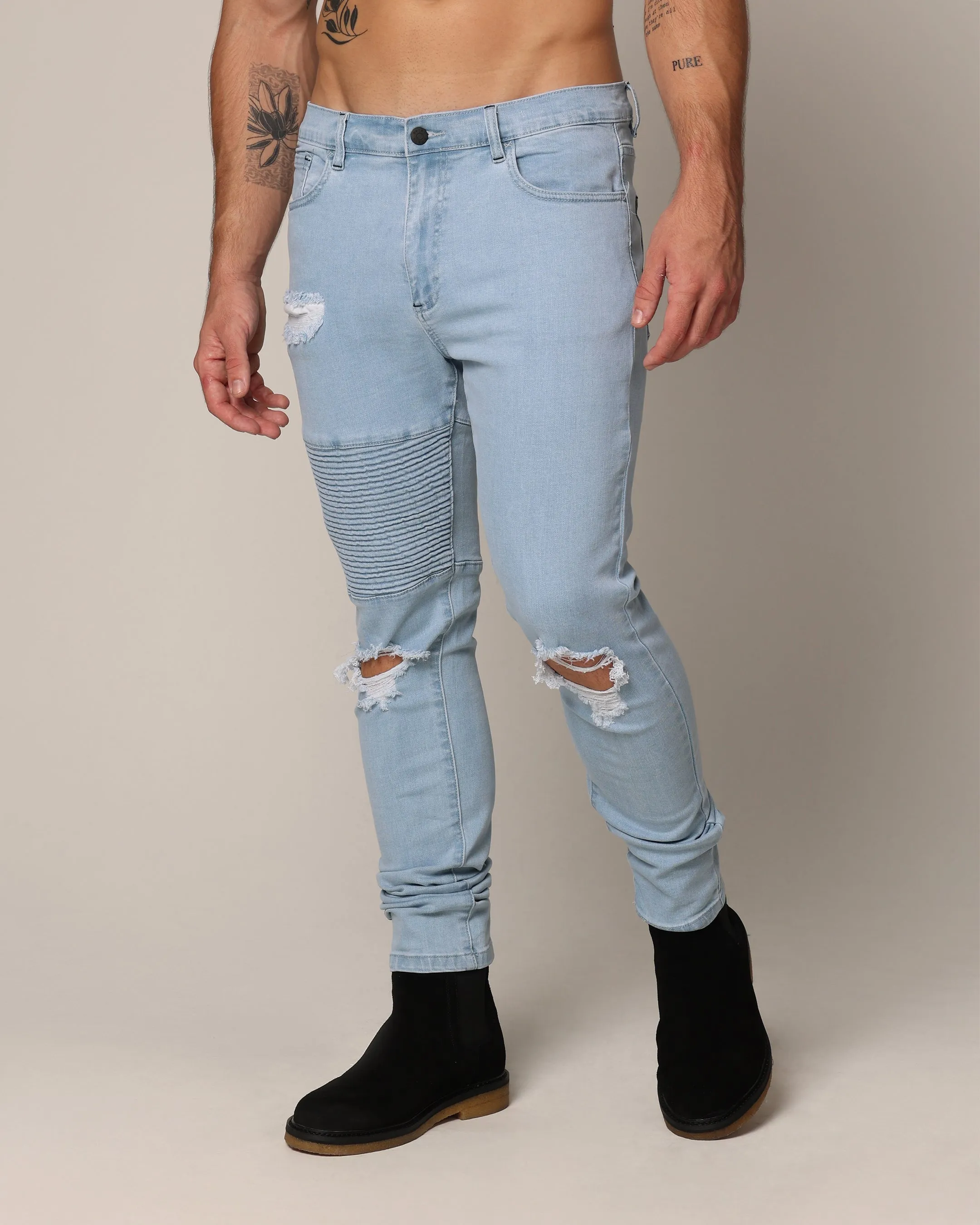 Saint Morta Men's Index Distressed Biker Jeans Light Blue sold by Culture Kings