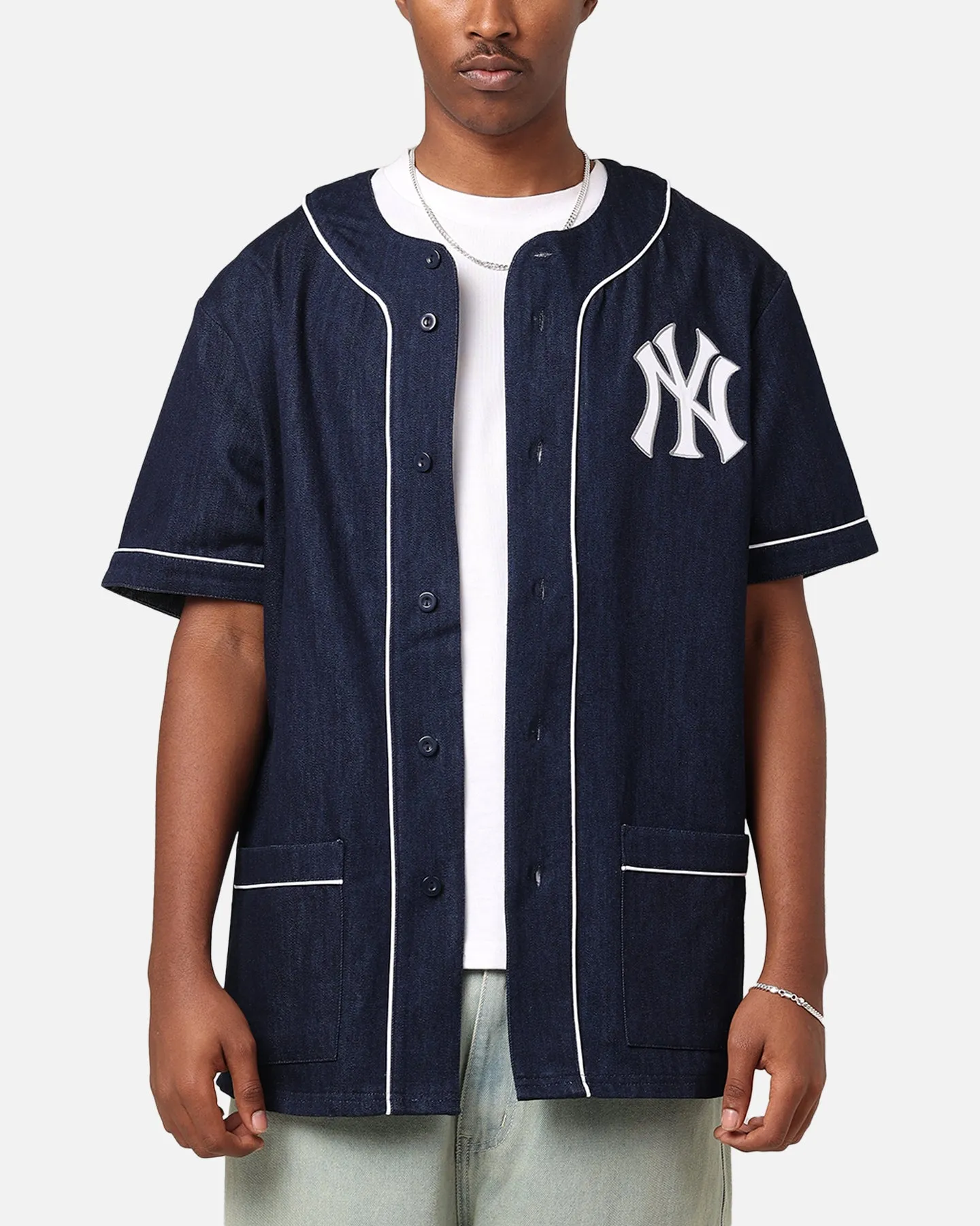 Majestic Athletic New York Yankees Denim Button Up Shirt Washed Navy Denim sold by Culture Kings