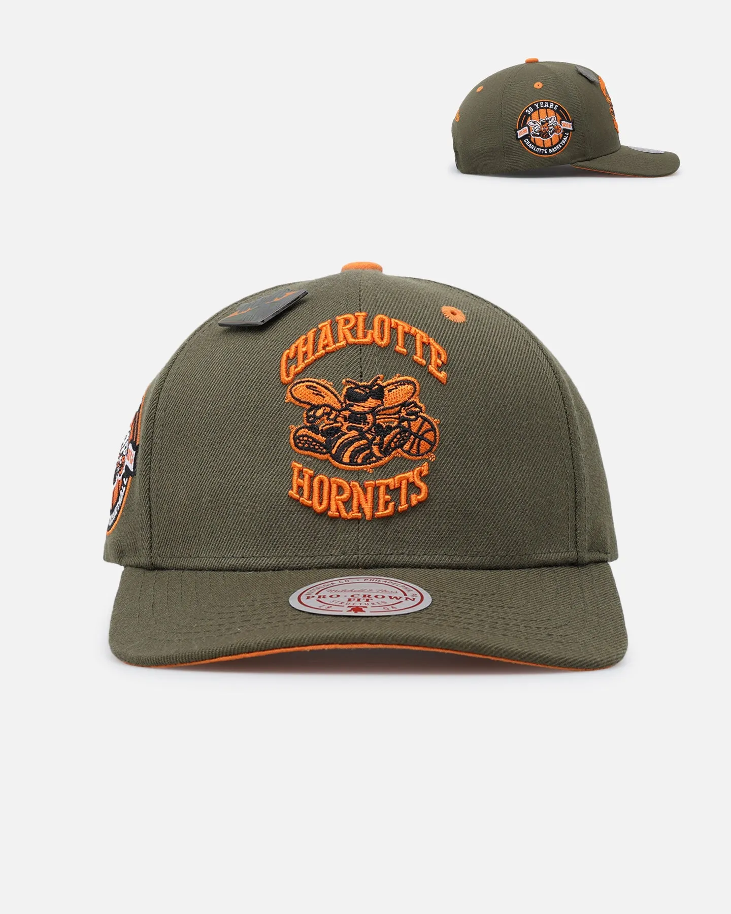 Mitchell & Ness Charlotte Hornets 'Harmony of Hues' Pro Crown Snapback Olive/Orange sold by Culture Kings