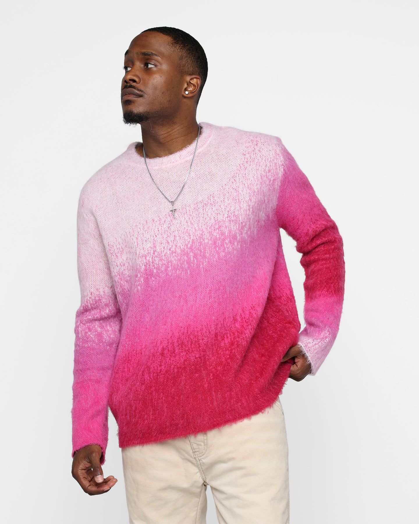 トップス Glitter Fur Knit Gradation Crew Neck LS Diamond Pearls Trim Fuzzy Knit Sweater in Pink - Retro