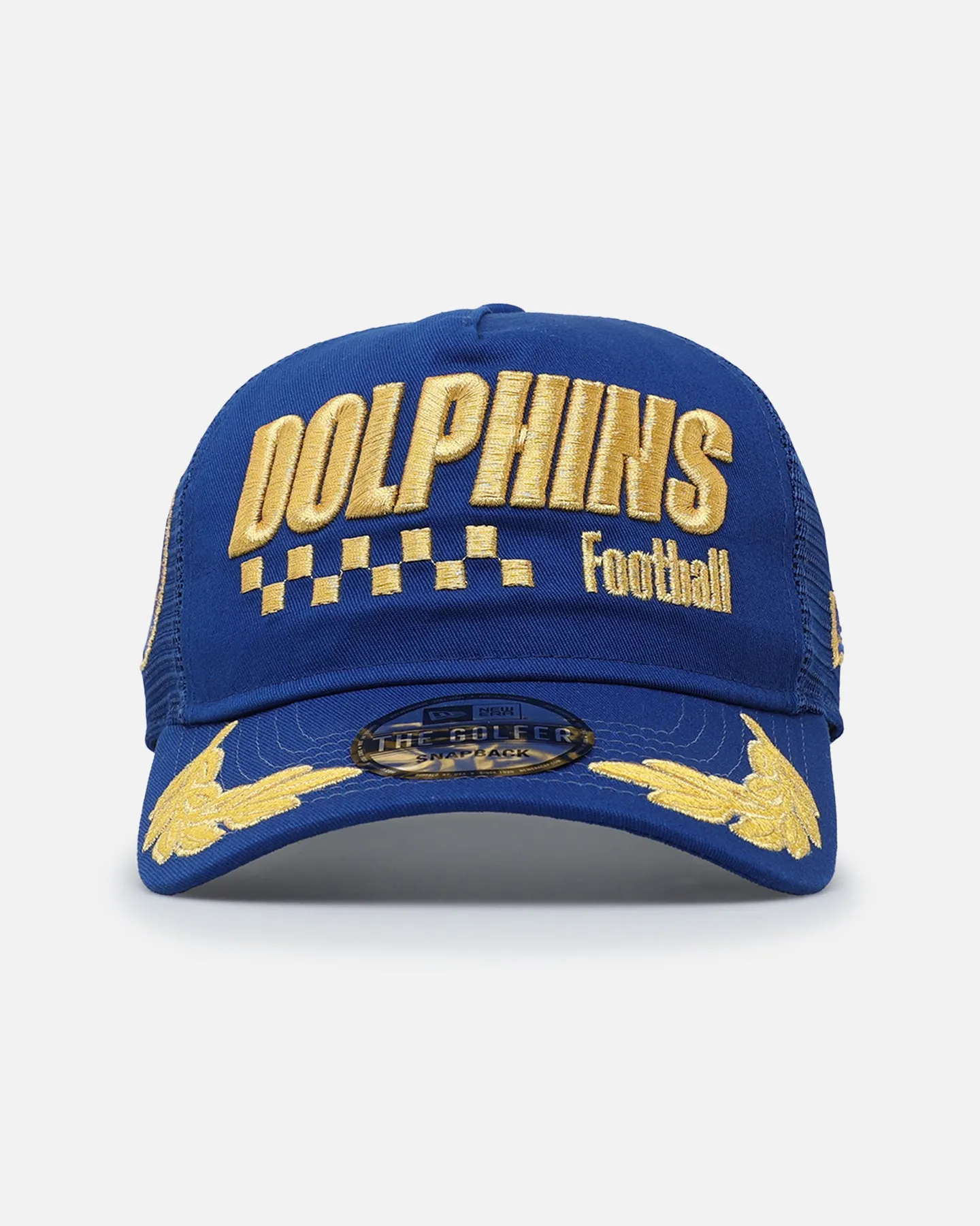 New Era Miami Dolphins 'Podium Pack' Pre-Curved Golfer Trucker Snapback Light Royal/Metallic sold by Culture Kings