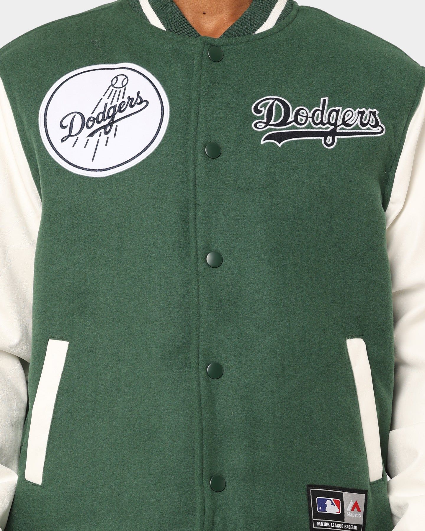 Majestic Athletic Los Angeles Dodgers Team Wordmark Melton/PU Leather Jacket Dark Cedar/Vintage White sold by Culture Kings product image thumbnail 4