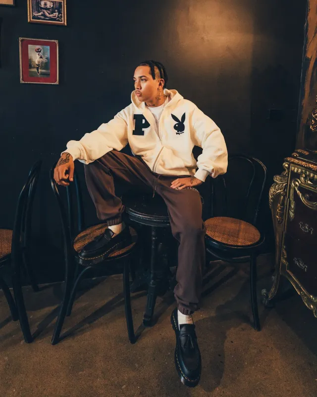 Playboy By CK Full Zip Varsity Hoodie Off White sold by Culture Kings