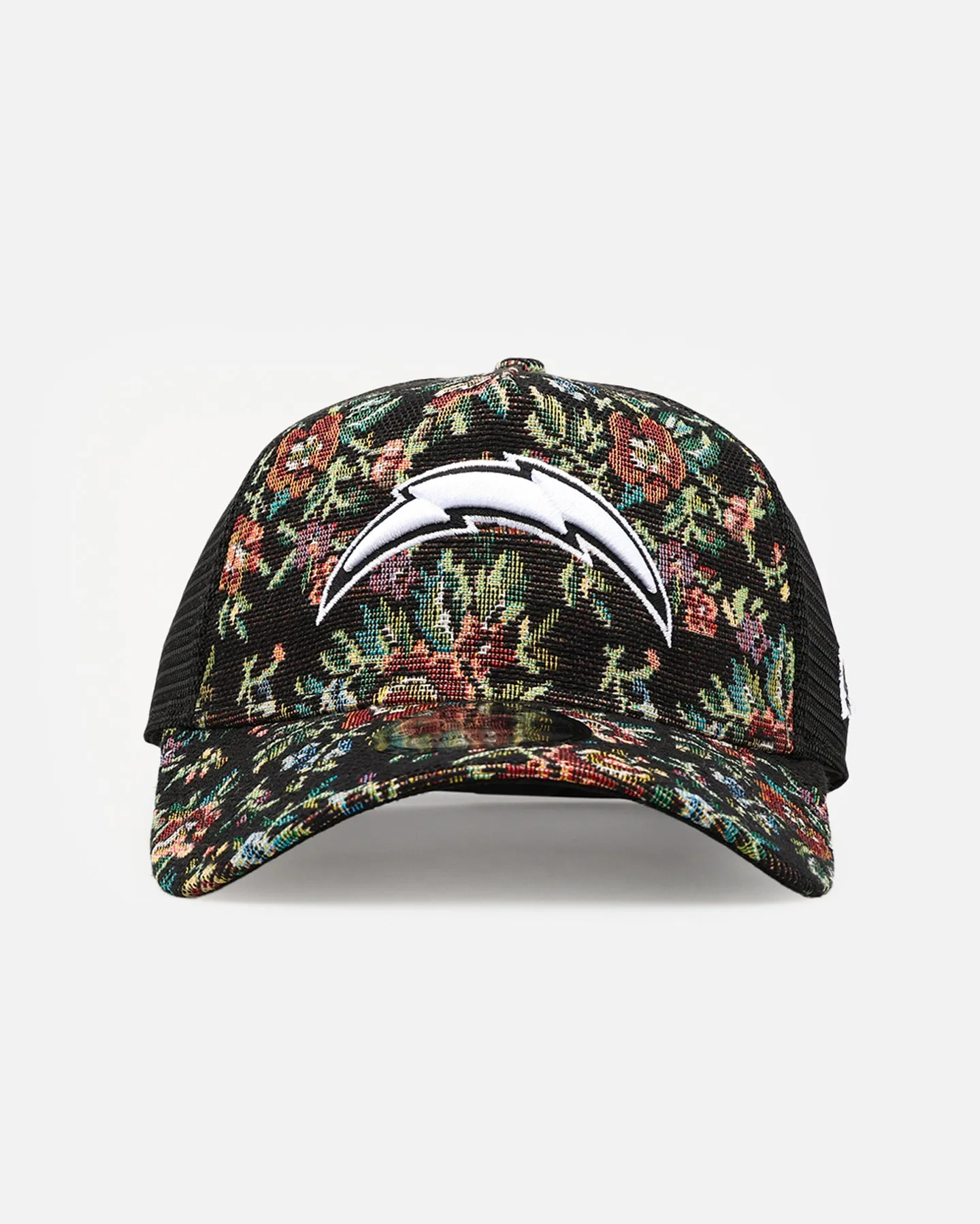 New Era Los Angeles Chargers 'Black Floral Tapestry' 9FORTY A-Frame Trucker Snapback Tapestry sold by Culture Kings