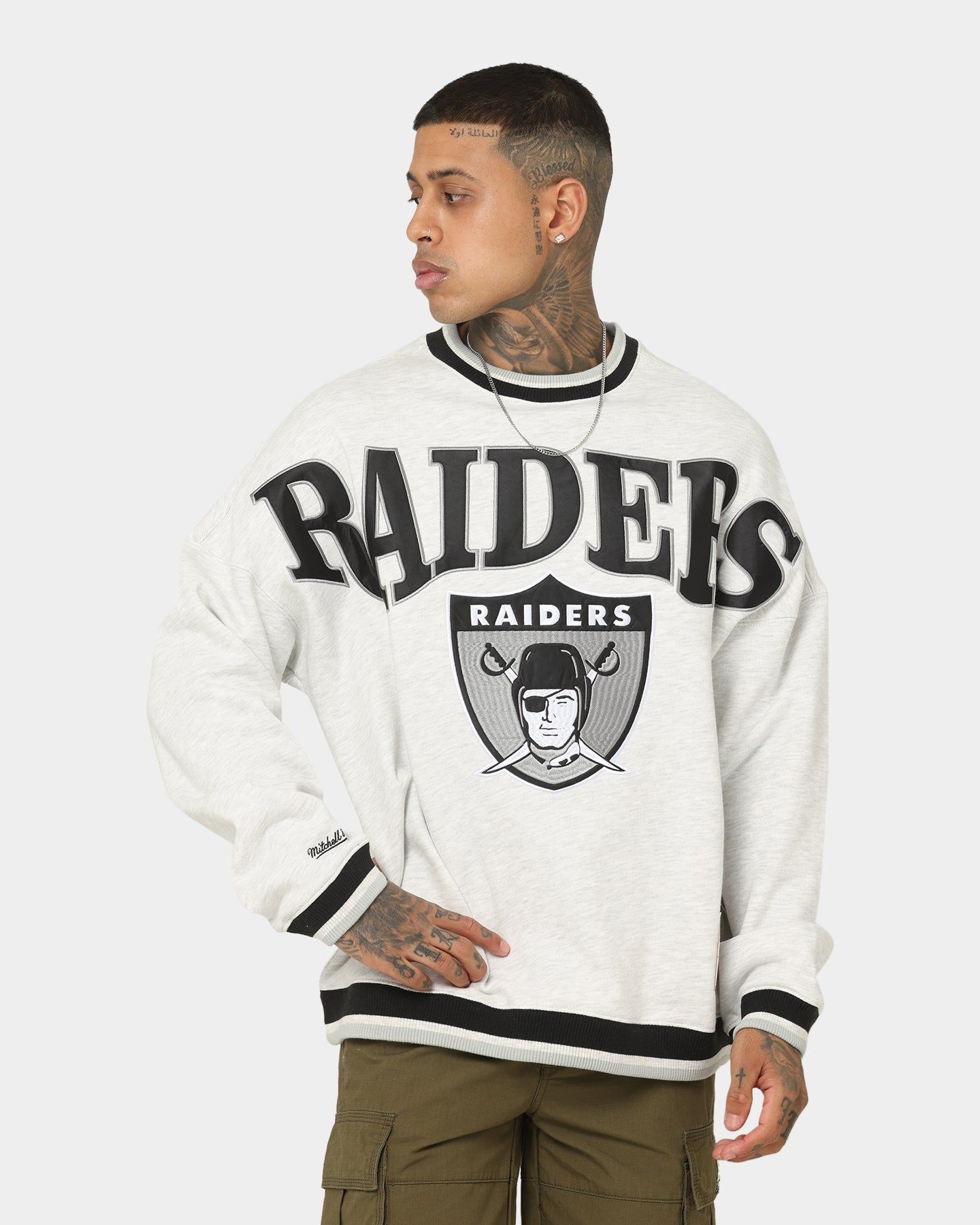 Mitchell & Ness Las Vegas Raiders Satin Infill Crewneck White Marle sold by Culture Kings