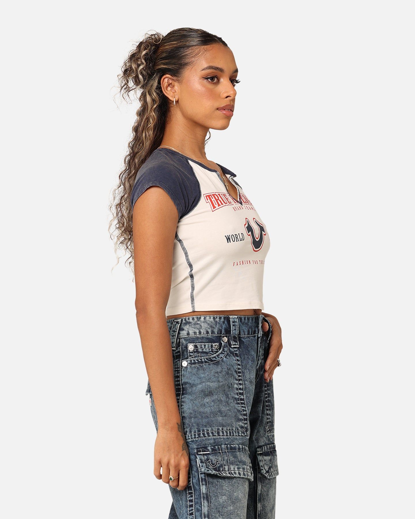 True Religion Women's Raglan Slim Baby T-Shirt Winter White/Navy sold by Culture Kings product image thumbnail 4