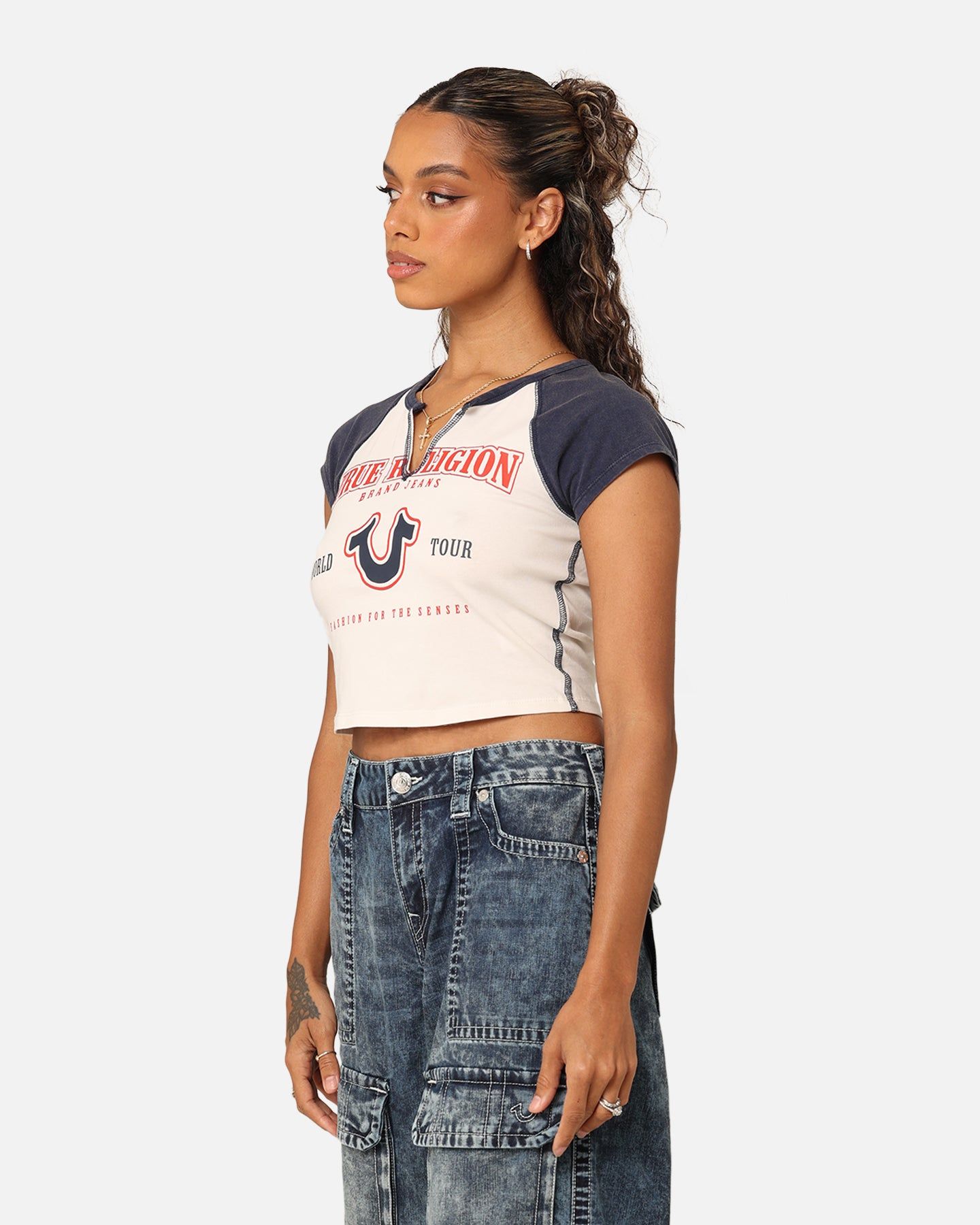 True Religion Women's Raglan Slim Baby T-Shirt Winter White/Navy sold by Culture Kings product image thumbnail 5
