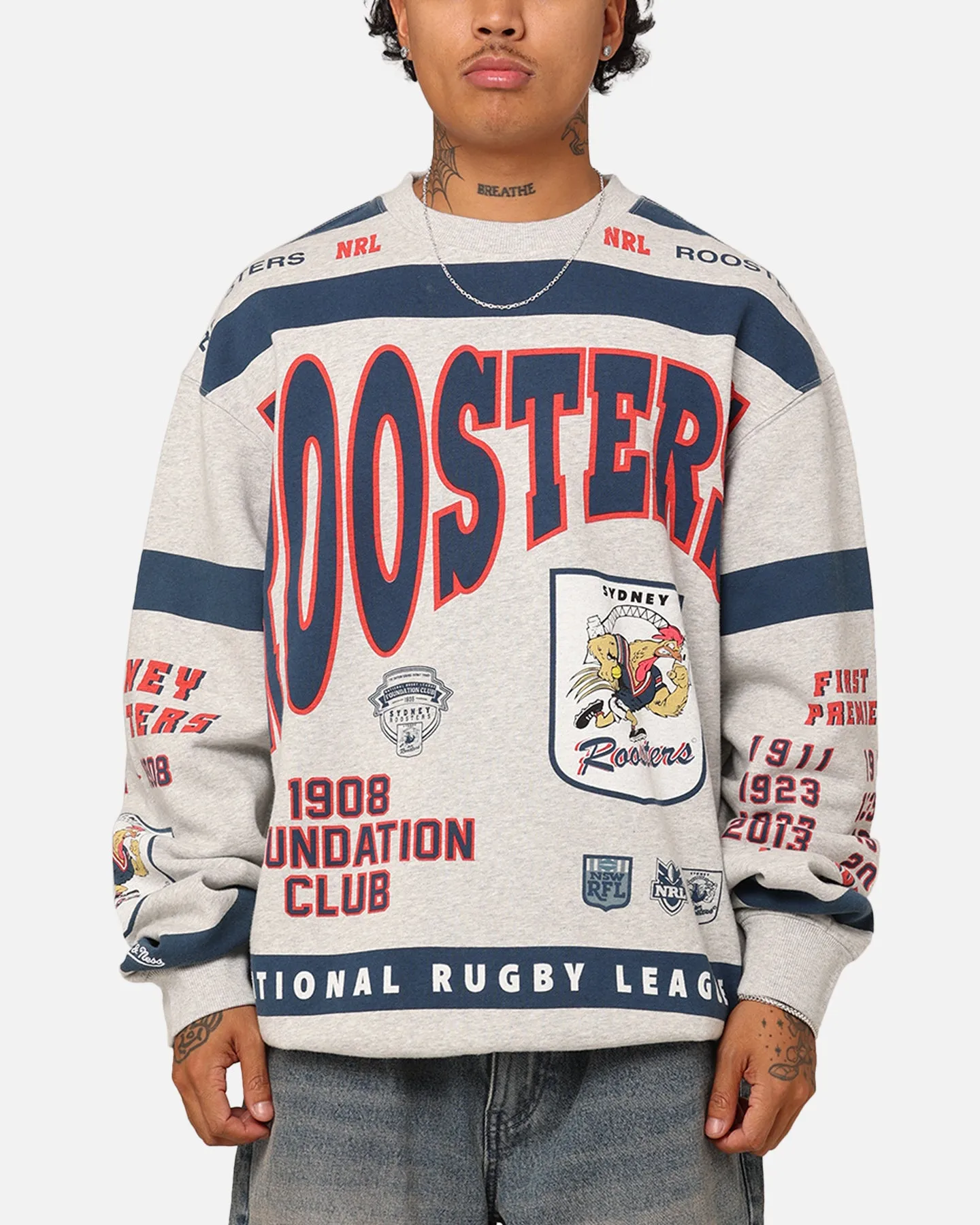 Mitchell & Ness Sydney Roosters Team Crewneck Grey Marle sold by Culture Kings