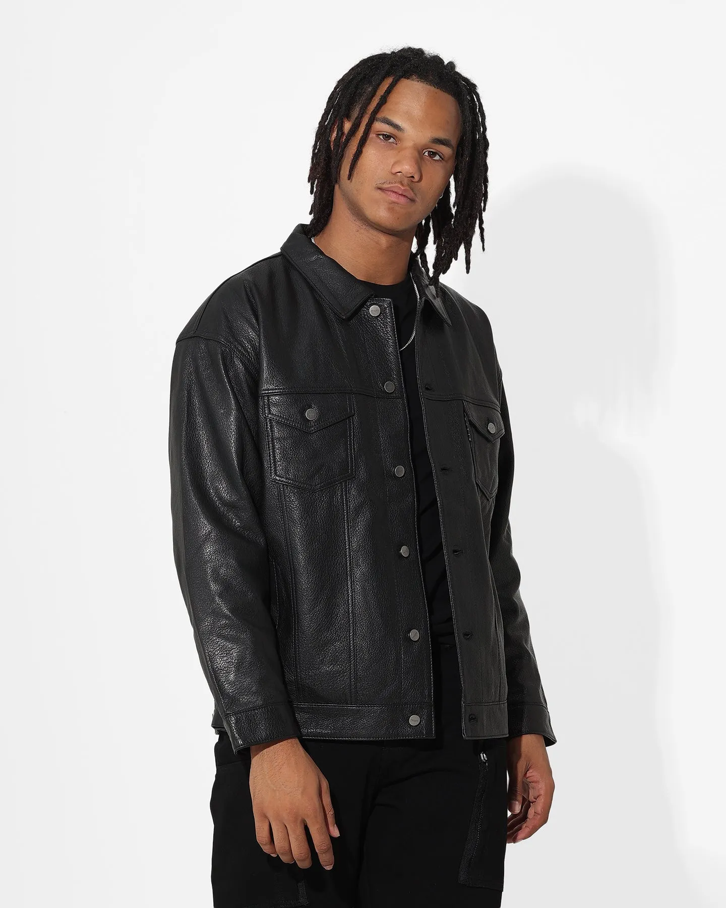 Saint Morta Oversized Leather Trucker Jacket Black sold by Culture Kings