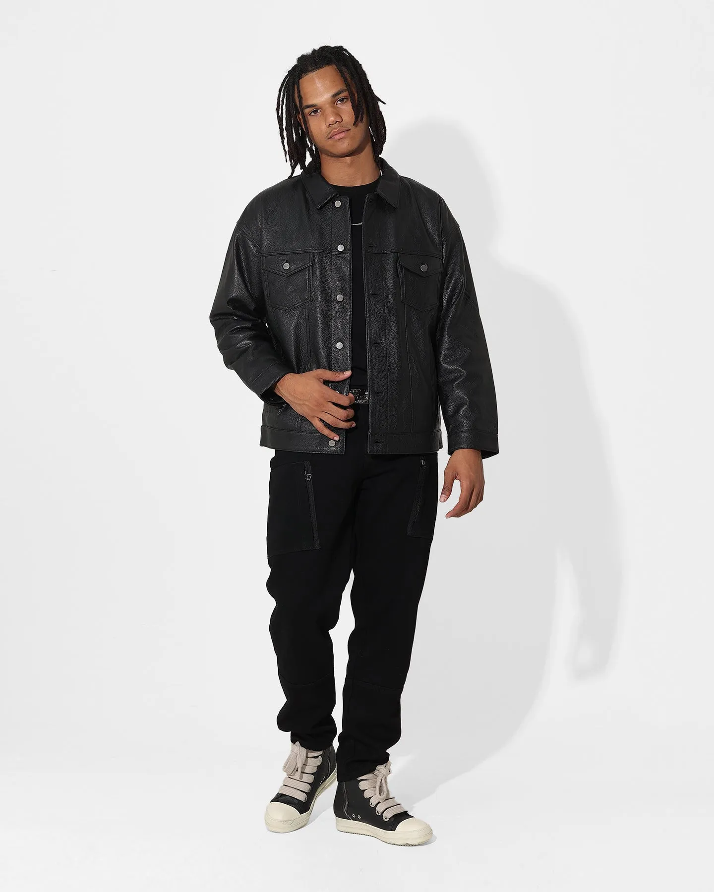 Saint Morta Oversized Leather Trucker Jacket Black sold by Culture Kings product image thumbnail 2