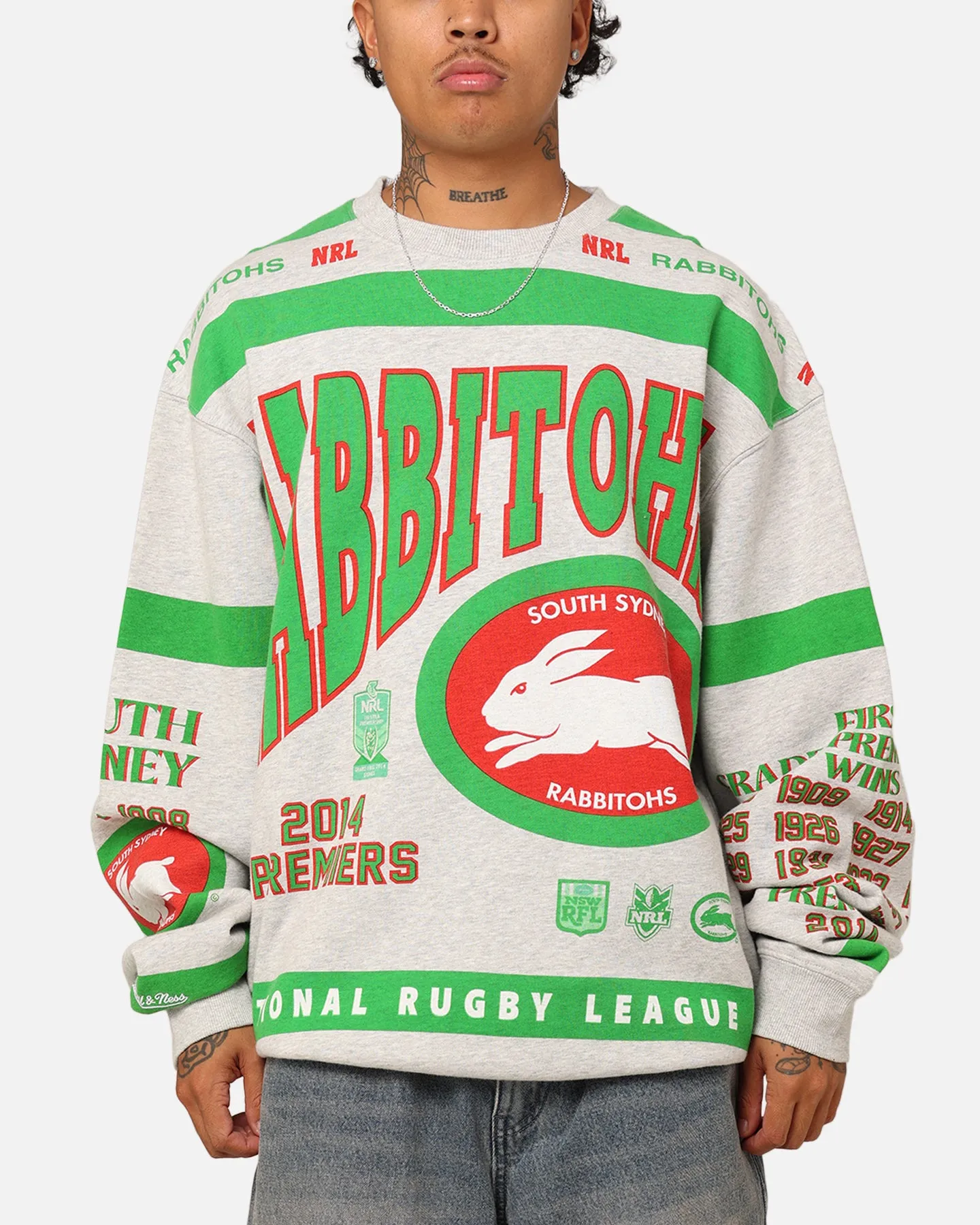 Mitchell & Ness South Sydney Rabbitohs Team Crewneck Grey Marle sold by Culture Kings