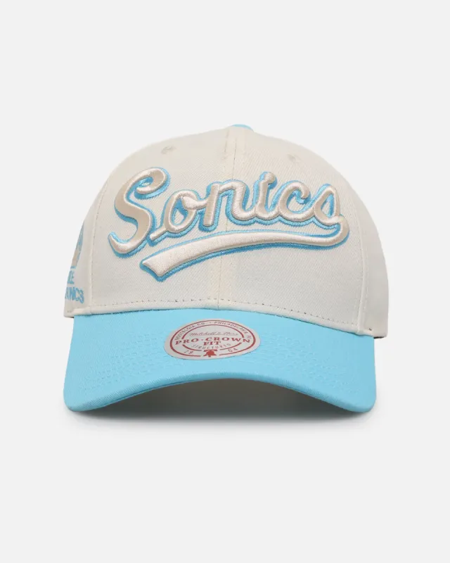 Mitchell & Ness Seattle SuperSonics 'Sky Blue' Pro Crown Snapback White Cream/Blue sold by Culture Kings