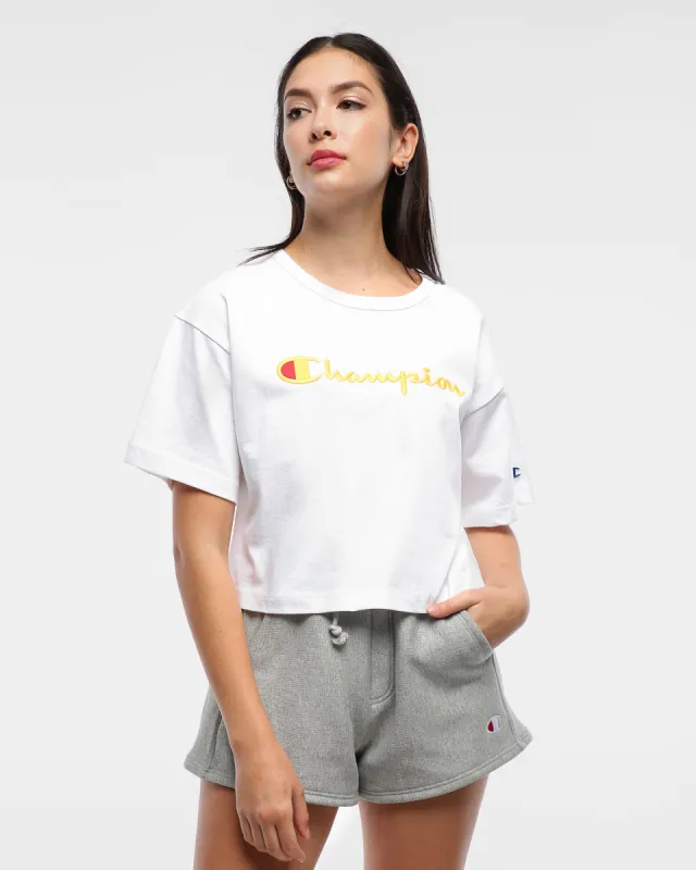 Champion Women's Heritage Script Crop Tee White/ Coral sold by Culture Kings