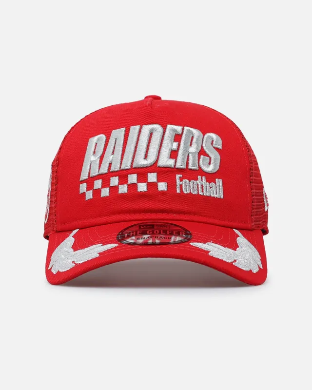 New Era Las Vegas Raiders 'Podium Pack' Pre-Curved Golfer Trucker Snapback Scarlett/Metallic sold by Culture Kings