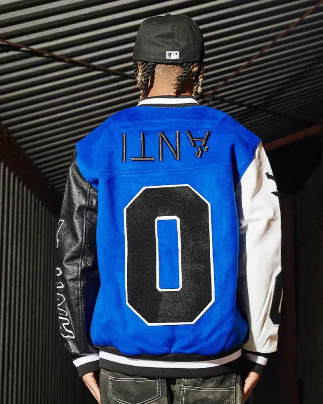 The Anti Order Corvus Leather Varsity Jacket Royal/Black/White sold by Culture Kings