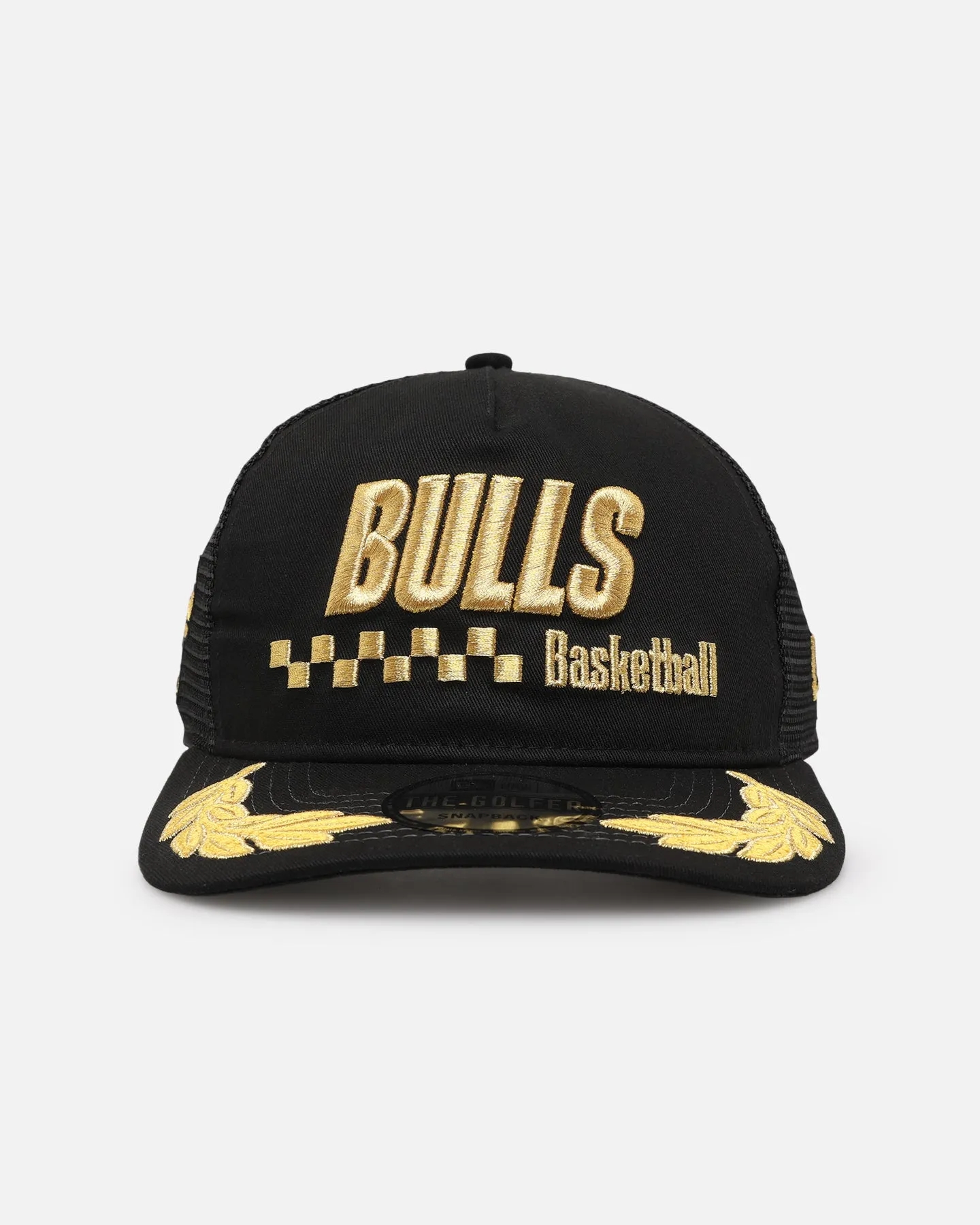 New Era Chicago Bulls 'Podium Collection' Pre-Curved Golfer Trucker Snapback Black/Metallic Gold sold by Culture Kings