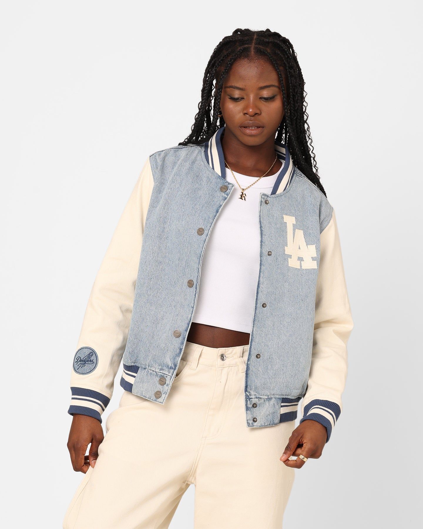 [MLB] Varsity Oversized Denim Jacket ★ 大人気★ Pro Standard Women's Los Angeles Dodgers Varsity Jacket